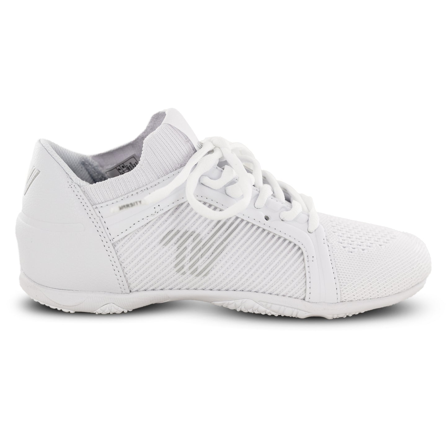 Right-facing side view of white Varsity V4X cheer shoe showing lightweight design and breathable upper.