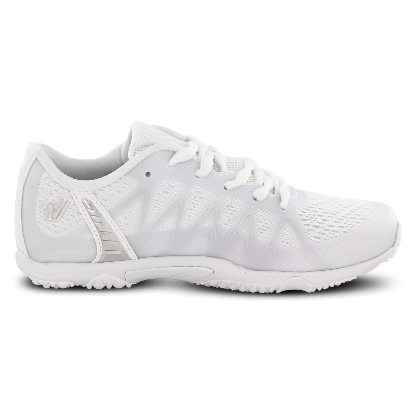 Right-facing side view of white Varsity Edge 2 cheer shoe showing updated lightweight design and supportive sole.