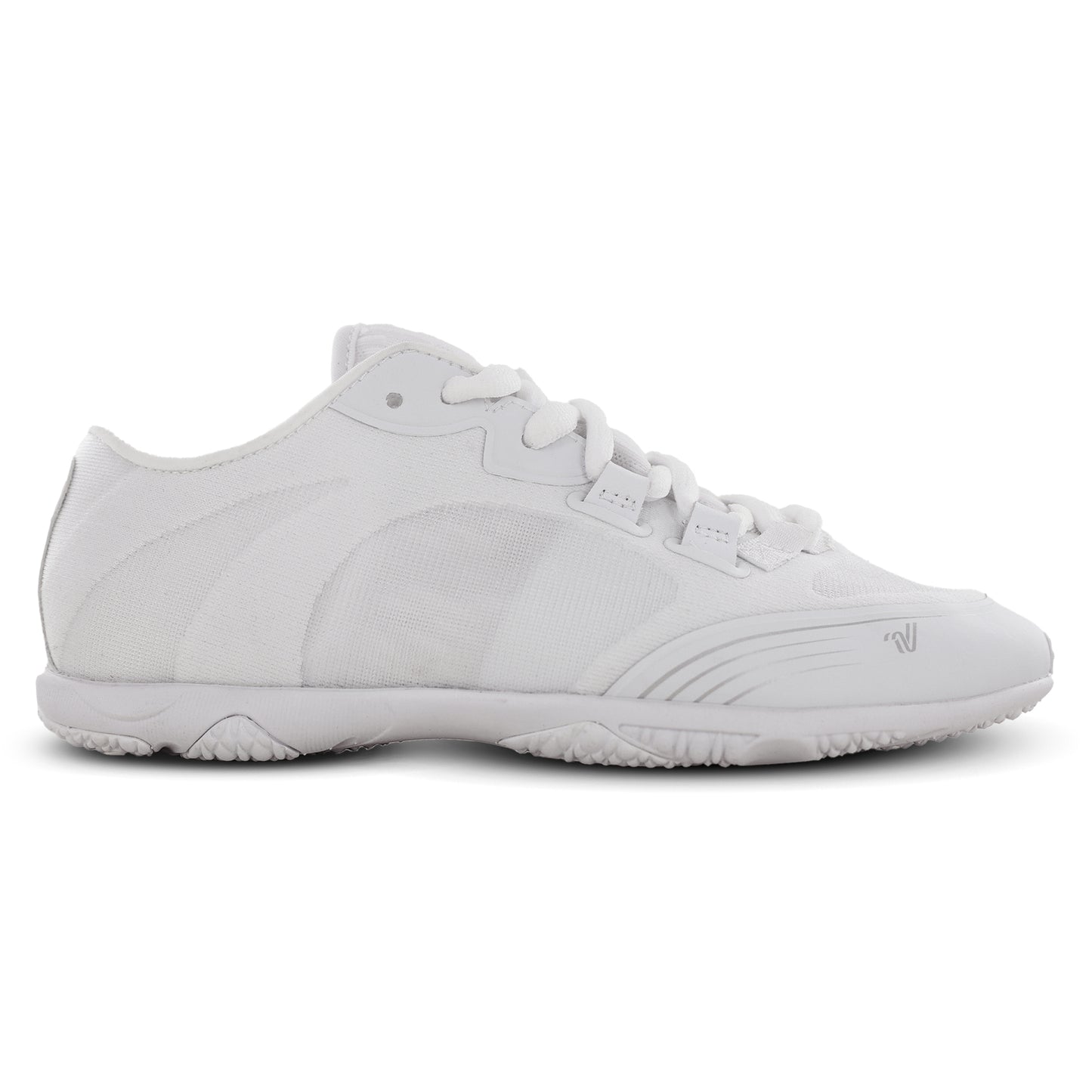 Right-facing side view of white Varsity Varsity Phantom cheer shoe highlighting low-profile silhouette and traction outsole.