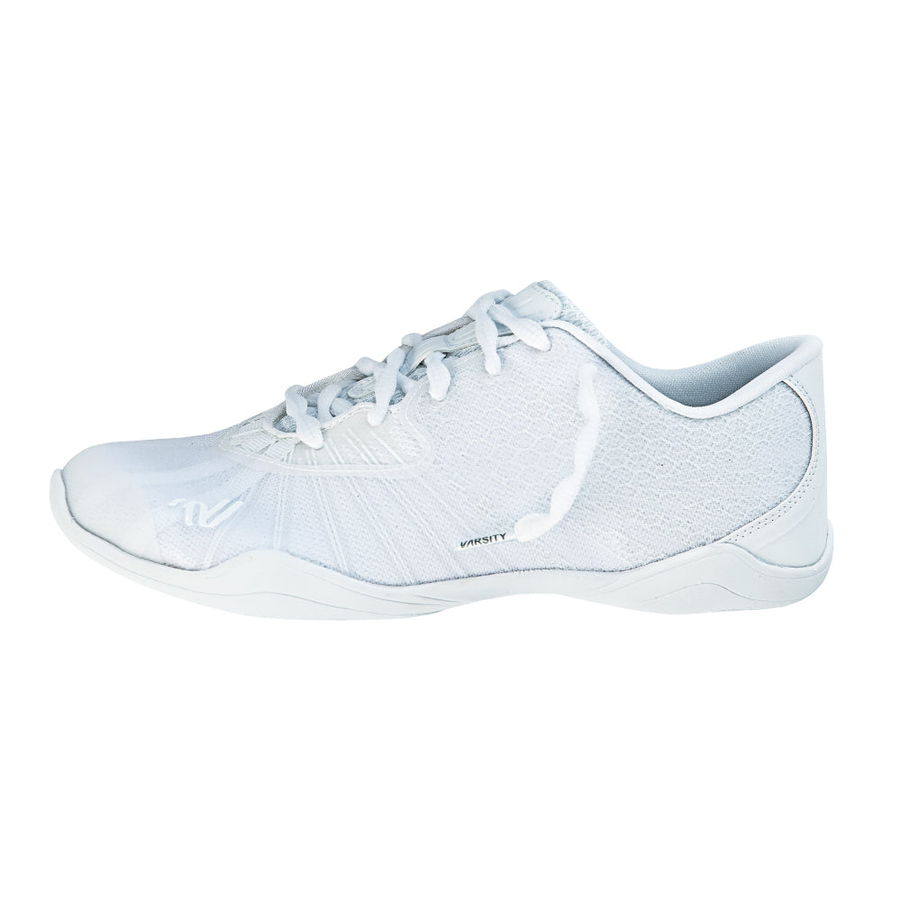 Legacy white cheer shoes showing the technology features of the shoe model and the carbon plate technology for durability and performance. The cheerleading shoe layers are separated in this cool visual to show the construction of the shoe.