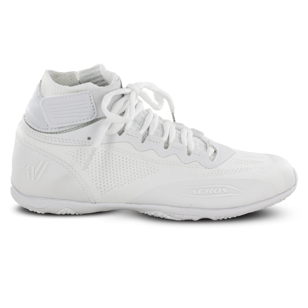Side view of white Varsity Aeros Elite cheer shoe featuring sleek mesh construction and athletic silhouette.
