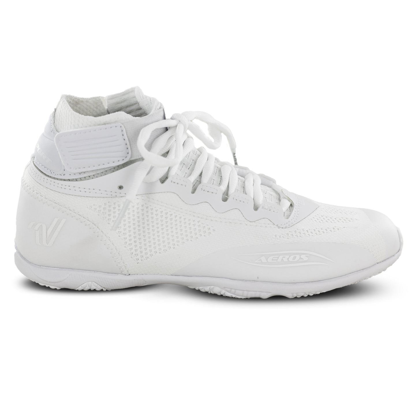 Side view of white Varsity Aeros Elite cheer shoe featuring sleek mesh construction and athletic silhouette.