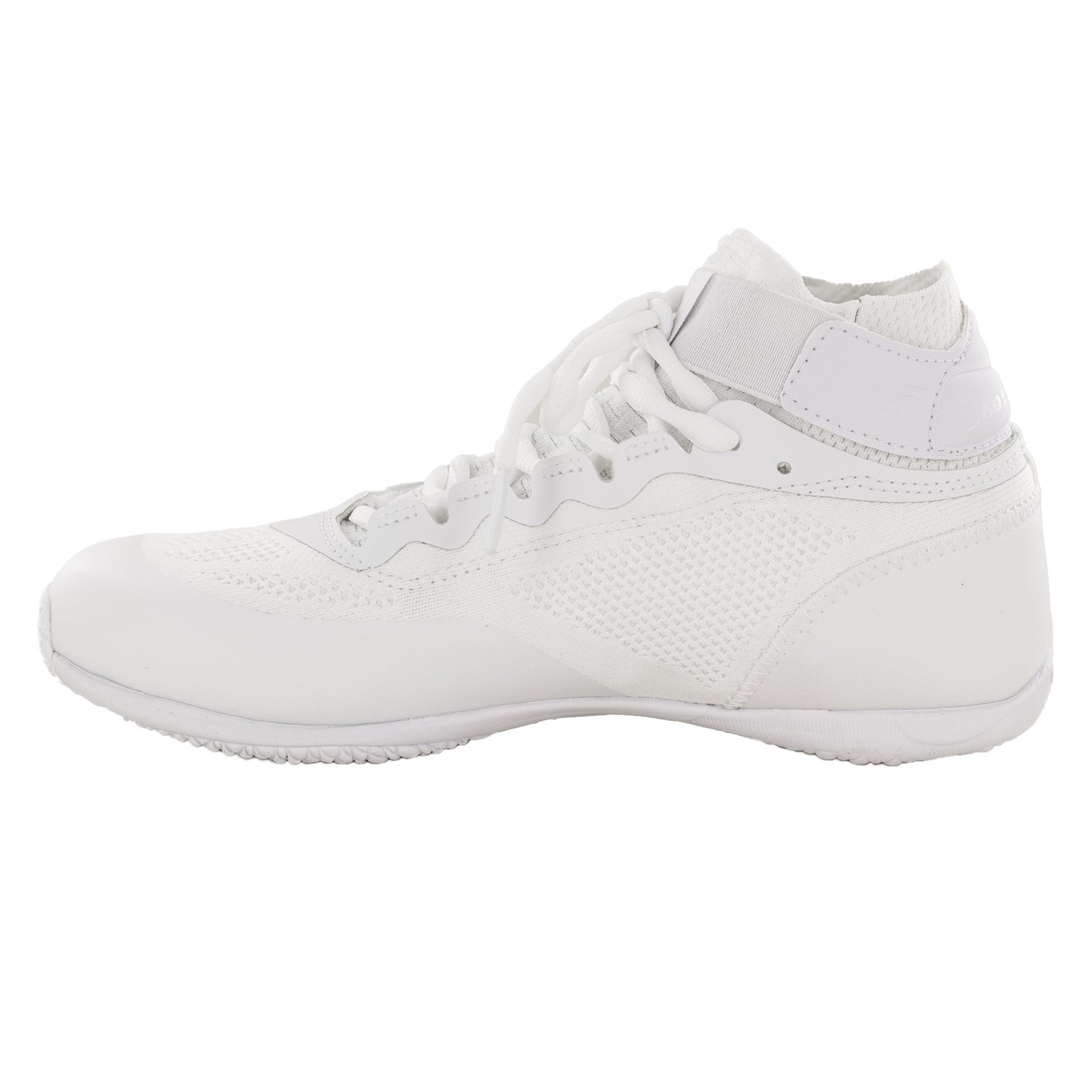 Left-facing side view of white Varsity Varsity Aeros Elite cheer shoe highlighting durable heel construction and comfort-focused design.