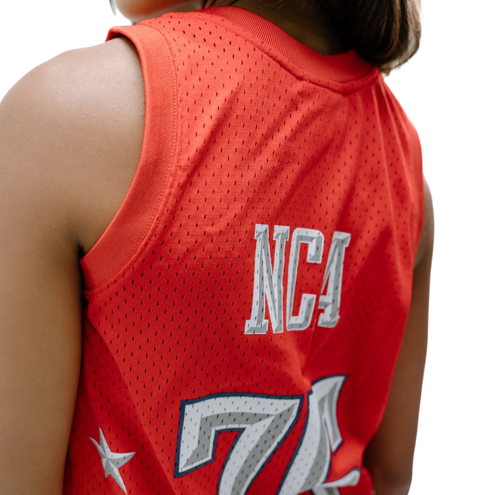 Load image into Gallery viewer, NCA 75th Anniversary Cheer Basketball Jersey Back Closeup Image
