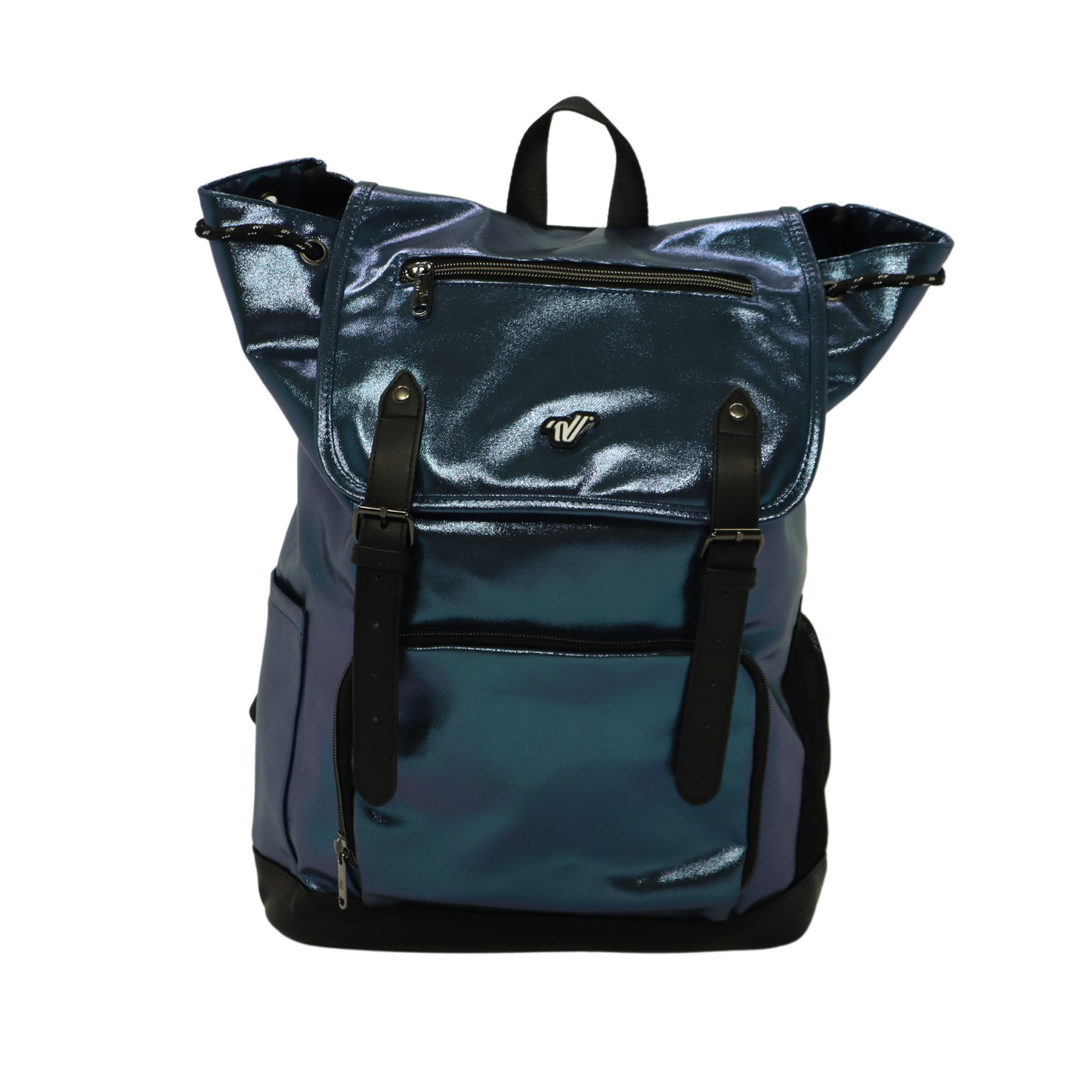 Load image into Gallery viewer, Varsity Navy HoloShine Flap Backpack
