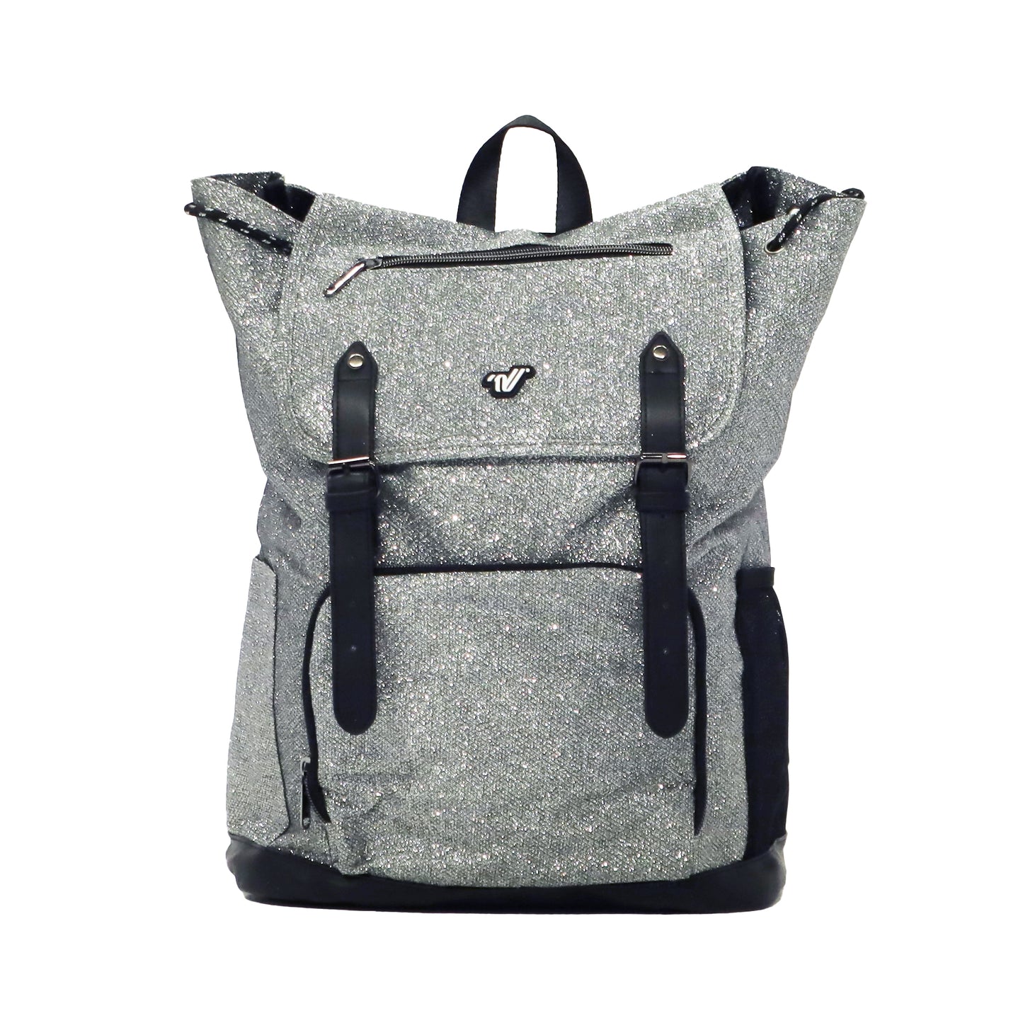Load image into Gallery viewer, Varsity Silver Glitter Flap Backpack

